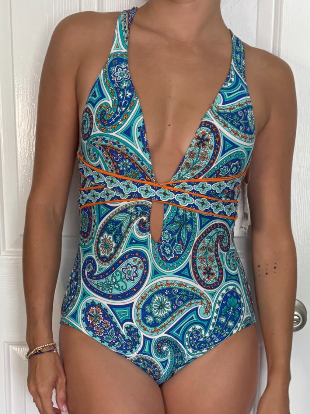 Trina Turk Paisley One Piece Plunge Swimsuit Blue Orange 6